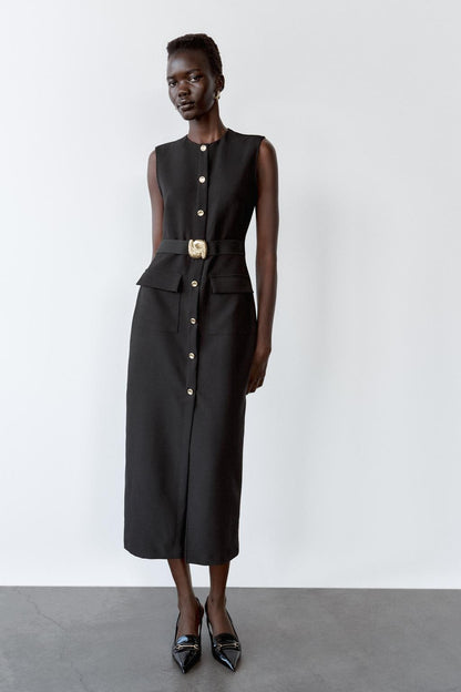 BELTED CREPE DRESS